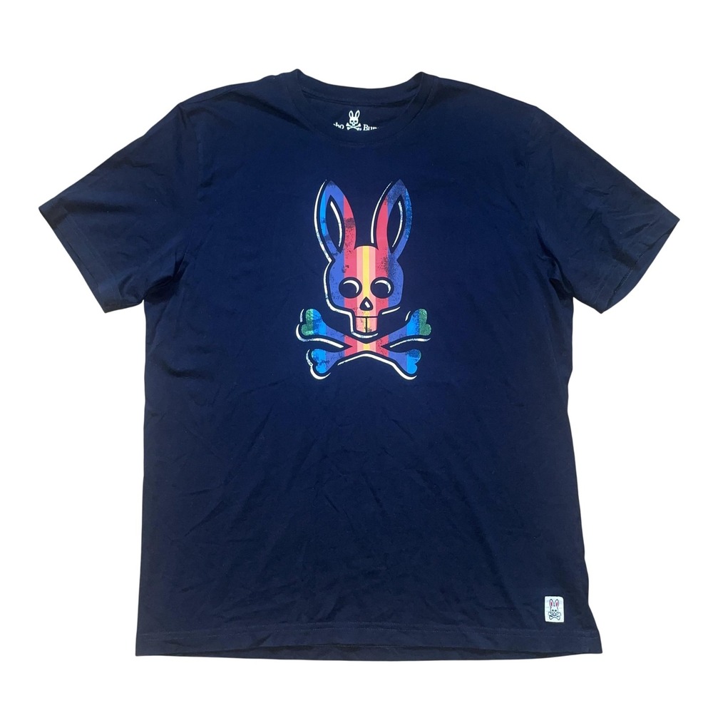 Psycho Bunny Shirt Mens L / XL Size 7 Blk Tee Pima Cotton Rainbow Graphic Skull